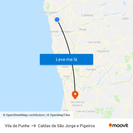 Vila de Punhe to Caldas de São Jorge e Pigeiros map