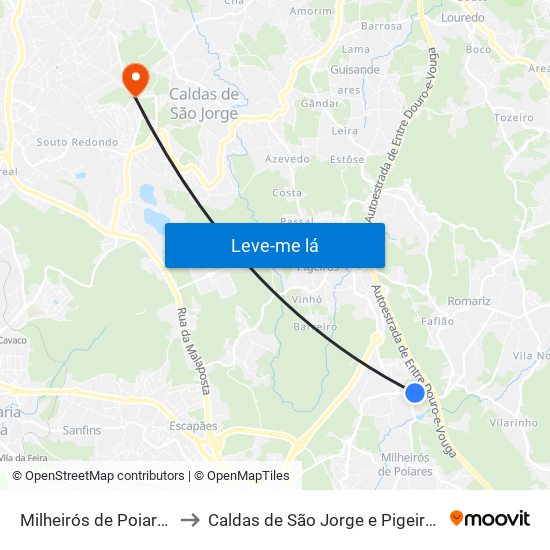 Milheirós de Poiares to Caldas de São Jorge e Pigeiros map