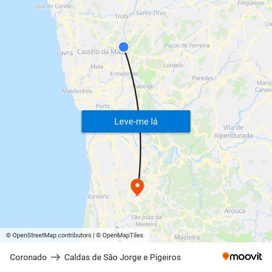 Coronado to Caldas de São Jorge e Pigeiros map