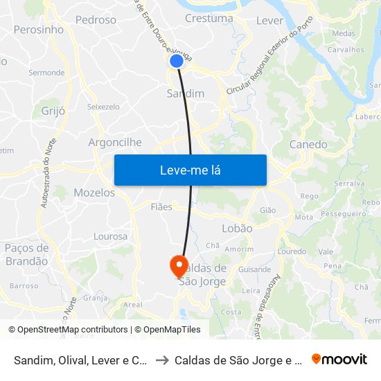 Sandim, Olival, Lever e Crestuma to Caldas de São Jorge e Pigeiros map