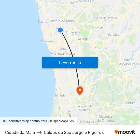 Cidade da Maia to Caldas de São Jorge e Pigeiros map