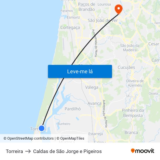 Torreira to Caldas de São Jorge e Pigeiros map