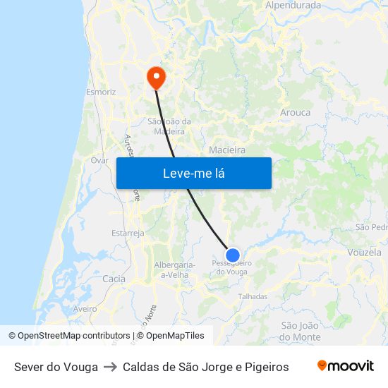 Sever do Vouga to Caldas de São Jorge e Pigeiros map