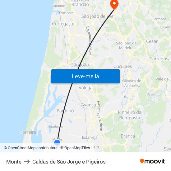 Monte to Caldas de São Jorge e Pigeiros map