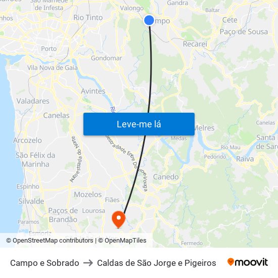 Campo e Sobrado to Caldas de São Jorge e Pigeiros map