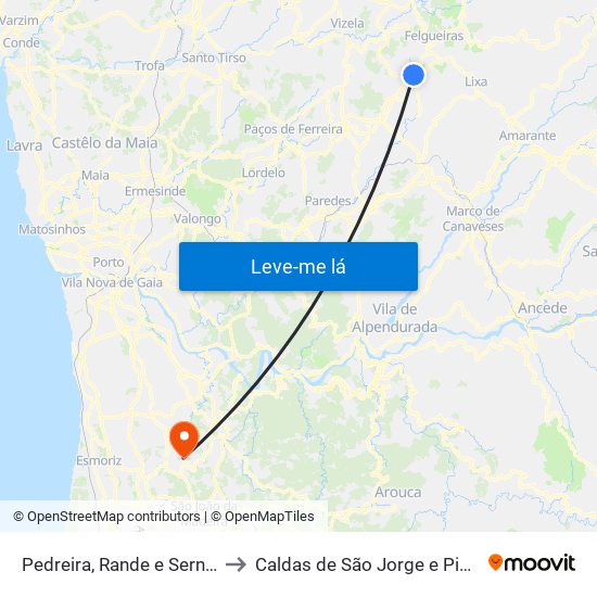 Pedreira, Rande e Sernande to Caldas de São Jorge e Pigeiros map