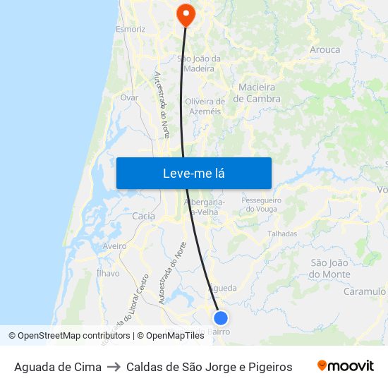 Aguada de Cima to Caldas de São Jorge e Pigeiros map