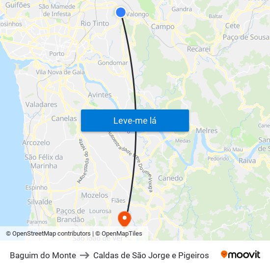 Baguim do Monte to Caldas de São Jorge e Pigeiros map