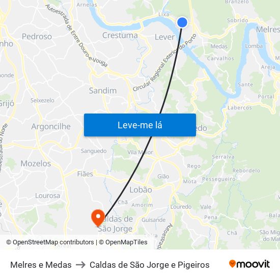 Melres e Medas to Caldas de São Jorge e Pigeiros map