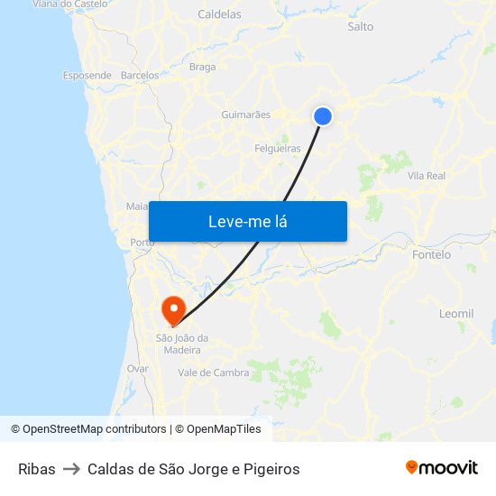 Ribas to Caldas de São Jorge e Pigeiros map