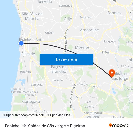 Espinho to Caldas de São Jorge e Pigeiros map