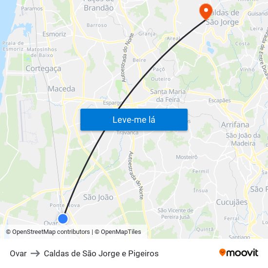 Ovar to Caldas de São Jorge e Pigeiros map