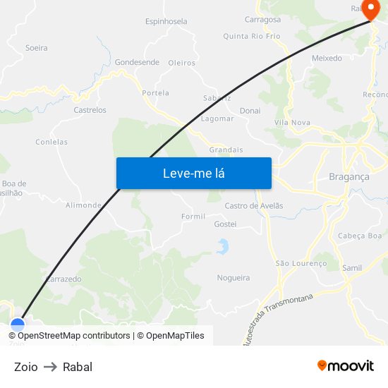 Zoio to Rabal map