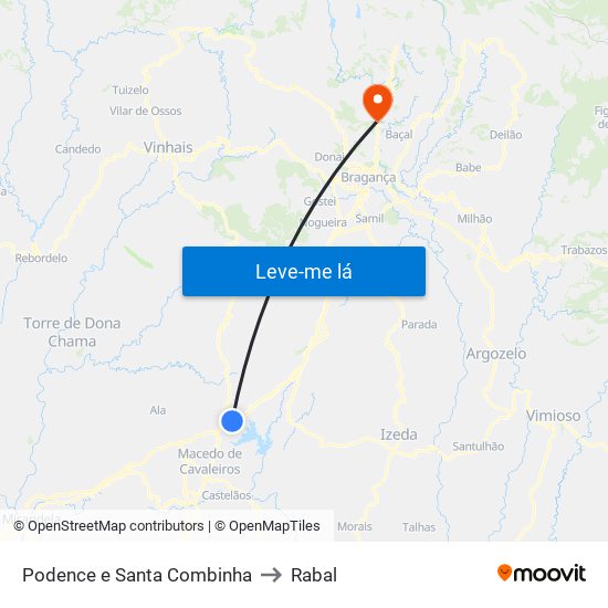 Podence e Santa Combinha to Rabal map