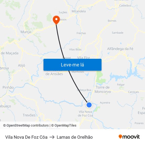 Vila Nova De Foz Côa to Lamas de Orelhão map