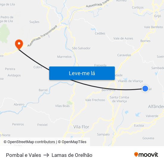 Pombal e Vales to Lamas de Orelhão map
