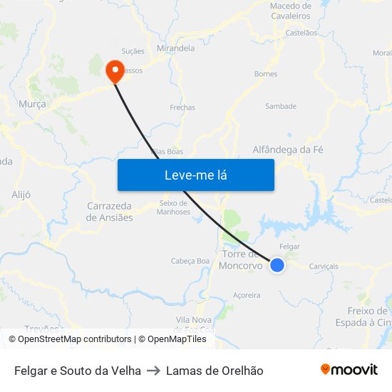 Felgar e Souto da Velha to Lamas de Orelhão map