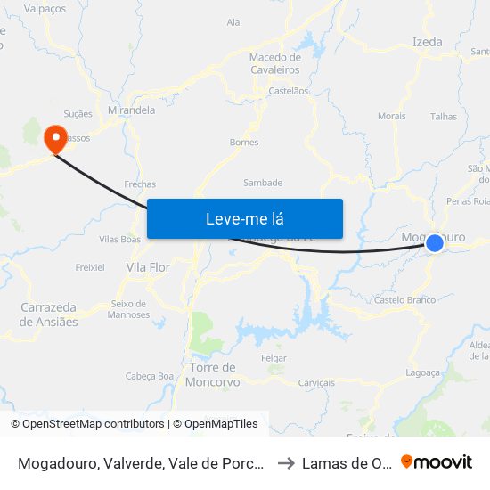 Mogadouro, Valverde, Vale de Porco e Vilar de Rei to Lamas de Orelhão map