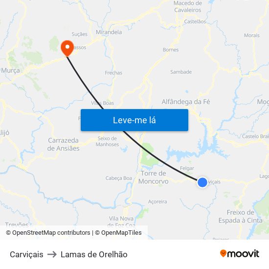 Carviçais to Lamas de Orelhão map