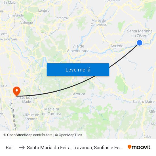 Baião to Santa Maria da Feira, Travanca, Sanfins e Espargo map