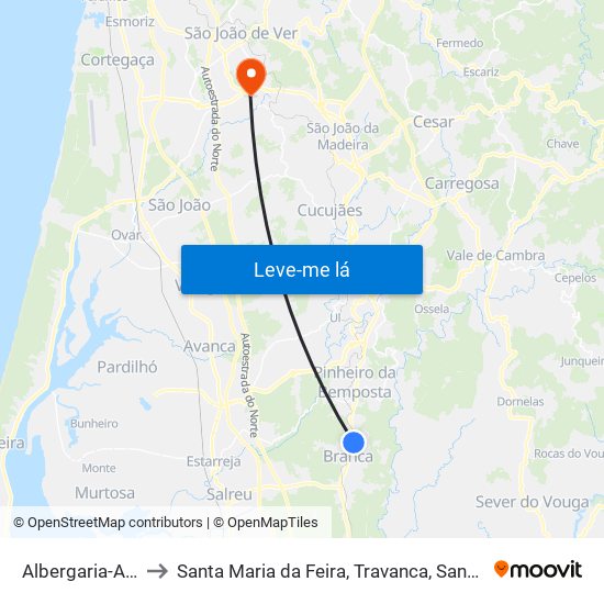 Albergaria-A-Velha to Santa Maria da Feira, Travanca, Sanfins e Espargo map