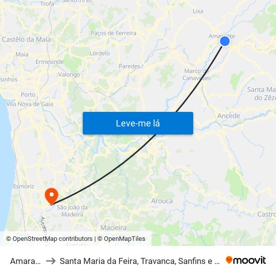 Amarante to Santa Maria da Feira, Travanca, Sanfins e Espargo map