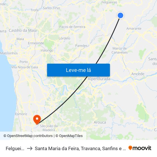 Felgueiras to Santa Maria da Feira, Travanca, Sanfins e Espargo map