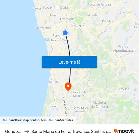 Gondomar to Santa Maria da Feira, Travanca, Sanfins e Espargo map