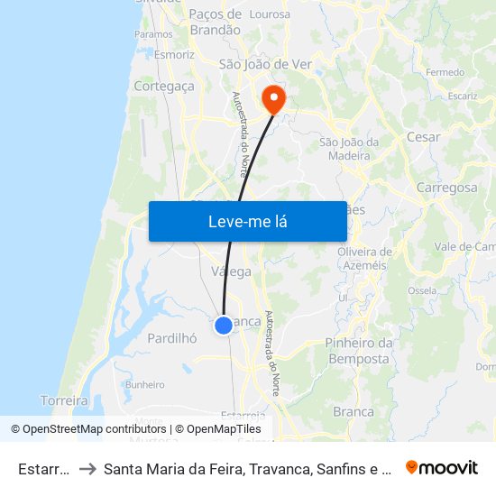 Estarreja to Santa Maria da Feira, Travanca, Sanfins e Espargo map