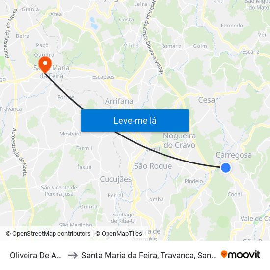 Oliveira De Azeméis to Santa Maria da Feira, Travanca, Sanfins e Espargo map