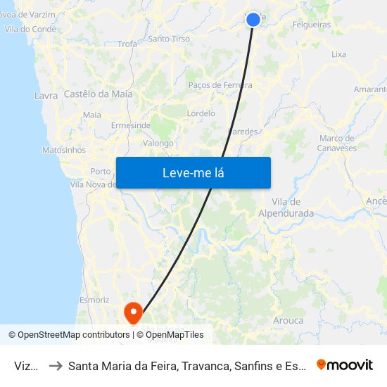 Vizela to Santa Maria da Feira, Travanca, Sanfins e Espargo map