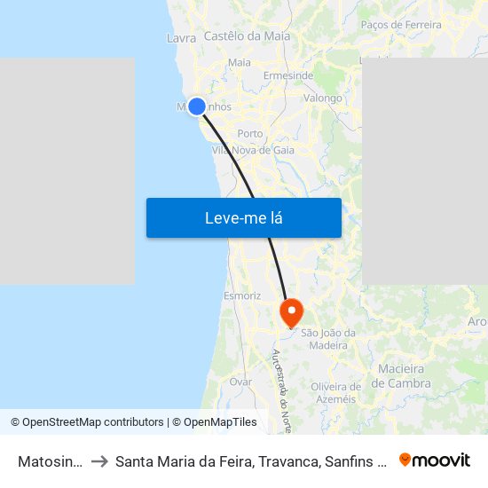 Matosinhos to Santa Maria da Feira, Travanca, Sanfins e Espargo map