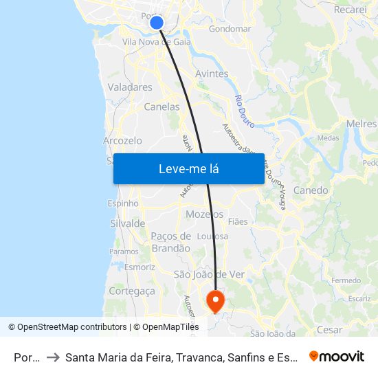 Porto to Santa Maria da Feira, Travanca, Sanfins e Espargo map