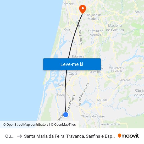 Ouca to Santa Maria da Feira, Travanca, Sanfins e Espargo map