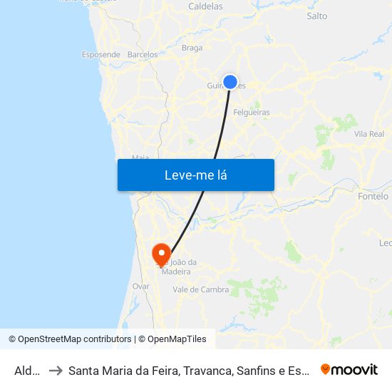 Aldão to Santa Maria da Feira, Travanca, Sanfins e Espargo map