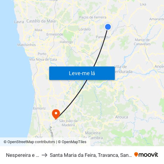 Nespereira e Casais to Santa Maria da Feira, Travanca, Sanfins e Espargo map