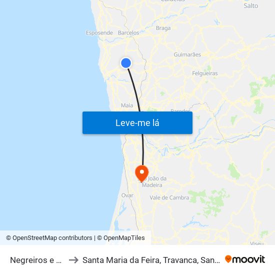 Negreiros e Chavão to Santa Maria da Feira, Travanca, Sanfins e Espargo map