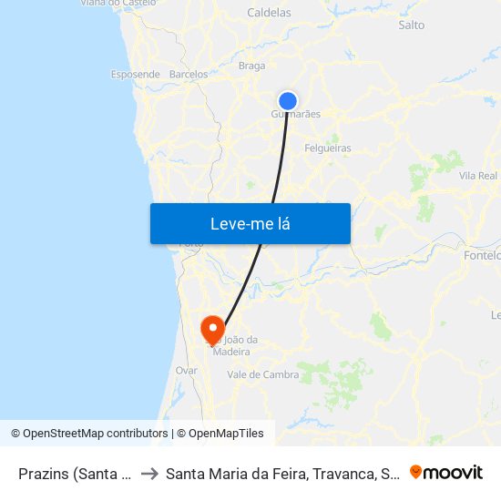 Prazins (Santa Eufémia) to Santa Maria da Feira, Travanca, Sanfins e Espargo map