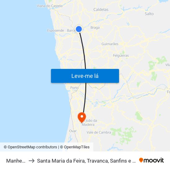 Manhente to Santa Maria da Feira, Travanca, Sanfins e Espargo map