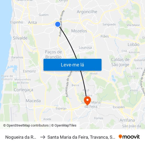 Nogueira da Regedoura to Santa Maria da Feira, Travanca, Sanfins e Espargo map