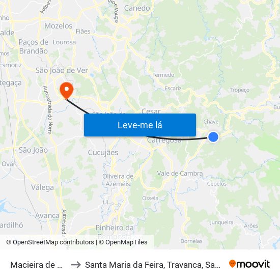 Macieira de Cambra to Santa Maria da Feira, Travanca, Sanfins e Espargo map