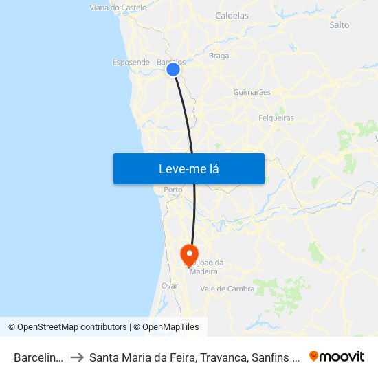 Barcelinhos to Santa Maria da Feira, Travanca, Sanfins e Espargo map