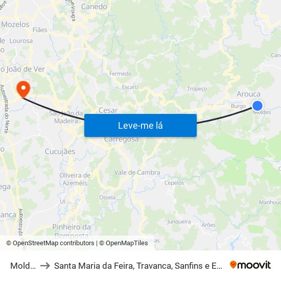 Moldes to Santa Maria da Feira, Travanca, Sanfins e Espargo map