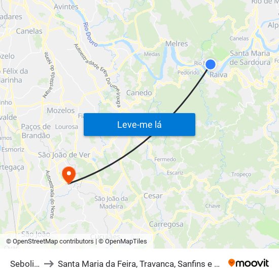 Sebolido to Santa Maria da Feira, Travanca, Sanfins e Espargo map