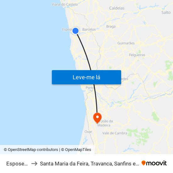 Esposende to Santa Maria da Feira, Travanca, Sanfins e Espargo map