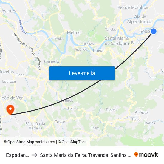 Espadanedo to Santa Maria da Feira, Travanca, Sanfins e Espargo map