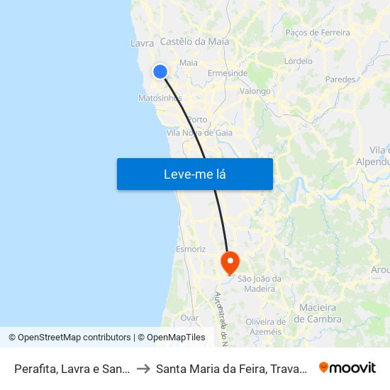 Perafita, Lavra e Santa Cruz do Bispo to Santa Maria da Feira, Travanca, Sanfins e Espargo map