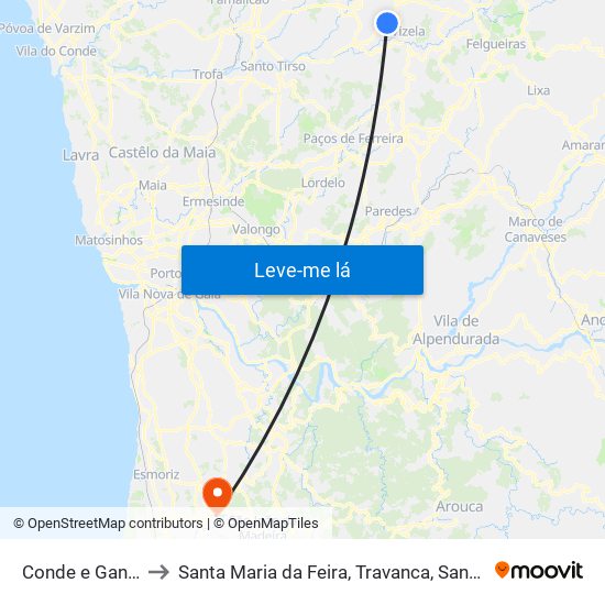 Conde e Gandarela to Santa Maria da Feira, Travanca, Sanfins e Espargo map