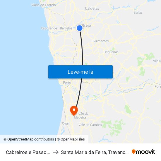 Cabreiros e Passos (São Julião) to Santa Maria da Feira, Travanca, Sanfins e Espargo map