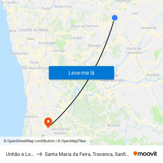 Unhão e Lordelo to Santa Maria da Feira, Travanca, Sanfins e Espargo map